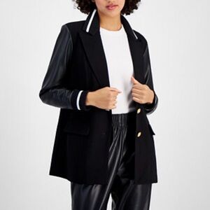 Avec Les Filles Mixed Media Varsity Oversized Blazer Black Ivory L NEW